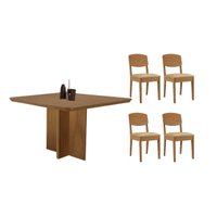 Sala de Jantar Completa Berlim c/ Tampo Madeirado Canto Curvo 90x90cm e 4 Cadeiras Havana Naturale - Linho Bege - Rufato