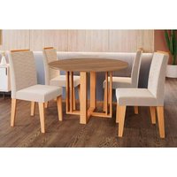 Sala de Jantar Completa Flora Tampo Madeirado 109cm e 4 Cadeiras Clarice Cinamomo - Carvalho/Suede Nude Bege - Cimol