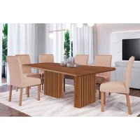 Sala de Jantar Completa Ester Tampo Madeirado 180x90cm e 6 Cadeiras Fernanda Cinamomo - Carvalho/Suede Nude Bege - Cimol