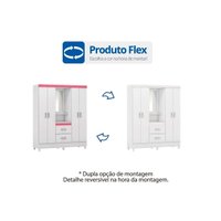 Guarda Roupa Solteiro 4 Portas e 2 Gavetas c/ 1 Espelho Capelinha Lord Branco/Rosa/Branco - Demóbile
