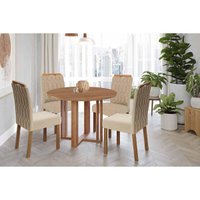 Sala de Jantar Completa Flora Tampo Madeirado 109cm e 4 Cadeiras Paola Cinamomo - Carvalho/Linho Bege - Cimol