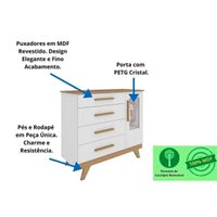 Quarto Infantil Completo Retrô 3 Peças (1GuardaRoupa+1Berço+1Cômoda) QI112 Branco/Amendoa - Peroba