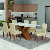 Conjunto de Mesa Sala de Jantar Tampo com Vidro 1,80m Grécia 6 Cadeiras Trieste Dobuê - Madeirado / Bege