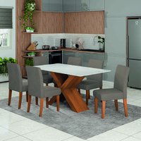 Conjunto de Mesa Sala de Jantar Tampo com Vidro 1,60m Grécia 6 Cadeiras Trieste Dobuê - Madeirado/Mascavo