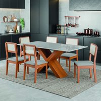 Conjunto de Mesa Sala de Jantar Tampo com Vidro 1,80m Grécia 6 Cadeiras Santiago Dobuê - Madeirado / Cinza