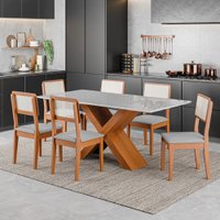 Conjunto de Mesa Sala de Jantar Tampo com Vidro 1,80m Grécia 6 Cadeiras Santiago Dobuê - Madeirado / Cinza