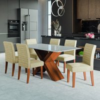 Conjunto de Mesa Sala de Jantar Tampo com Vidro 1,60m Grécia 6 Cadeiras Creta Dobuê - Madeirado / Bege