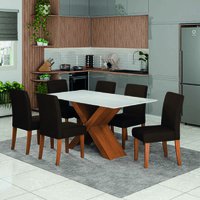 Conjunto de Mesa Sala de Jantar Tampo com Vidro 1,60m Grécia 6 Cadeiras Trieste Dobuê - Madeirado/Chocolate