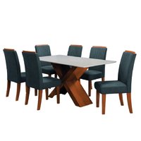 Conjunto de Mesa Sala de Jantar Tampo com Vidro 1,60m 6 Cadeiras Grécia Dobuê - Madeirado/Grafite