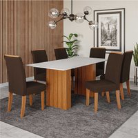 Conjunto de Mesa Sala de Jantar Ripada Tampo com Vidro Santiago 1,80m 6 Cadeiras Grécia Dobuê - Madeirado/Chocolate