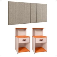 Kit 2 Mesinhas Gaveta Prateleira Suspensa Cléo Off/Cinamomo Cabeceira Estofada Linho Júlia Cama Casal 1,40 Bege Quarto