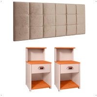 Kit Quarto 2 Mesas Cléo Off/Cinamomo Gaveta Nicho Prateleira Retrô Cabeceira Modulada Bia Suede Cama Box Casal 1,40 Bege