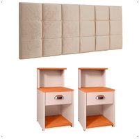 Kit Quarto 2 Mesas  Off/Cinamomo Gaveta Nicho Prateleira Retrô Cabeceira Modulada Areia Suede Cama Box Casal Queen 1,6