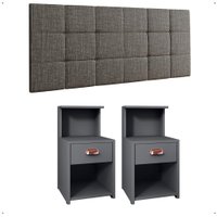 Kit Quarto 2 Mesas Cléo Gaveta Nicho Prateleira Retrô Cabeceira Modulada Bia Linho Cama Box Casal Queen 1,6 Cinza - RPM