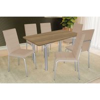 Sala de Jantar Completa Elba c/ Tampo de Madeira 160cm e 6 Cadeiras Amsterdã Cromada/Nogueira - Corano Bege - Kappesberg
