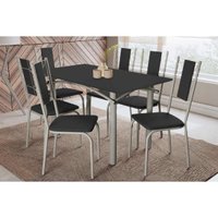 Sala de Jantar Completa Elba Tampo Madeirado c/ Vidro 160cm e 6 Cadeiras Lisboa Niquel/Preto - Corano Preto - Kappesberg
