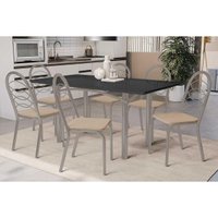 Sala de Jantar Completa Elba Tampo Madeirado c/ Vidro 160cm e 6 Cadeiras Holanda Niquel/Preto - Corano Bege - Kappesberg