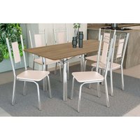 Sala de Jantar Completa Elba c/ Tampo de Madeira 160cm e 6 Cadeiras Florença Cromada/Nogueira - Corano Bege - Kappesberg