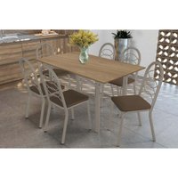 Sala de Jantar Completa Elba c/ Tampo de Madeira 160cm e 6 Cadeiras Holanda Niquel/Nogueira - Corano Marrom - Kappesberg