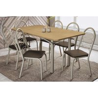 Sala de Jantar Completa Elba c/ Tampo de Madeira 160cm e 6 Cadeiras Noruega Niquel/Nogueira - Corano Marrom - Kappesberg