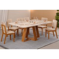 Conjunto: Mesa de Cozinha Celeste Tampo c/ Vidro Retangular 160x90cm e 6 Cadeiras Talia Freijo/Off White - Suede Creme