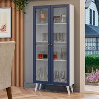Cristaleira 70 cm 2 Portas de Vidro com Pés Cônicos Branco/Azul/Branco Vik Madesa