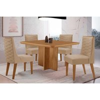 Sala de Jantar Completa Berlim c/ Tampo Madeirado Canto Curvo 90x90cm e 4 Cadeiras Dafne Naturale - Linho Bege - Rufato