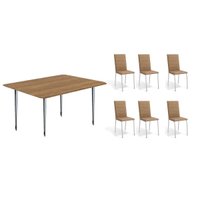 Conjunto: Mesa de Cozinha Iguaçu c/ Tampo de Madeira 1.60cm + 6 Cadeiras Amsterdã Cromada/Capuccino - Kappesberg