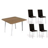 Conjunto: Mesa de Cozinha Iguaçu c/ Tampo de Madeira 90cm + 4 Cadeiras Amsterdã Cromada - Corano Preto - Kappesberg