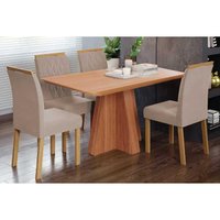 Conjunto: Mesa de Cozinha Maitê Tampo Madeirado 130x80cm e 4 Cadeiras Juliana Cinamomo - Carvalho/Linho Bege - Cimol