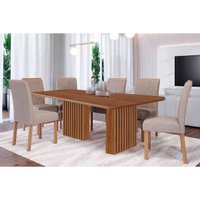 Conjunto: Mesa de Cozinha Ester Tampo Madeirado 180x90cm e 6 Cadeiras Fernanda Cinamomo - Carvalho/Linho Bege - Cimol