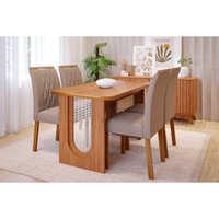 Conjunto: Mesa de Cozinha Valentina Tampo Madeirado 130x80cm e 4 Cadeiras Juliana Cinamomo - Carvalho/Linho Bege - Cimol