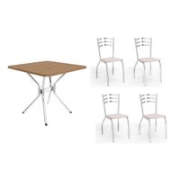 Conjunto: Mesa Sala Jantar Loire c/ Tampo de Madeira 90cm + 4 Cadeiras Portugal Cromada/Branco 106 - Kappesberg