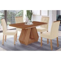 Conjunto: Mesa de Cozinha Ágata Tampo Madeirado 130x80cm e 4 Cadeiras Fernanda Cinamomo - Carvalho/Linho Bege - Cimol