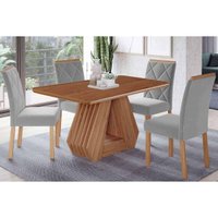 Conjunto: Mesa de Cozinha Ágata Tampo Madeirado 130x80cm e 4 Cadeiras Fernanda Cinamomo - Carvalho/Linho Grafite - Cimol