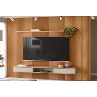 Rack Bancada c/ Painel p/ TV até 100 Pol Modular 3.0 Ripado 2 Portas 1 Prat. 297x250cm Nature/Off White - Linea Brasil