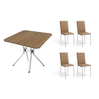 Conjunto: Mesa Sala Jantar Loire c/ Tampo de Madeira 90cm + 4 Cadeiras Amsterdã Cromada/Capuccino - Kappesberg