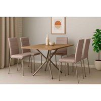 Conjunto: Mesa de Cozinha Loire c/ Tampo de Madeira 1.60cm + 6 Cadeiras Amsterdã Niquel/Corano Bege - Kappesberg