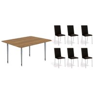 Conjunto: Mesa Sala Jantar Iguaçu c/ Tampo de Madeira 1.60cm + 6 Cadeiras Amsterdã Cromada - Corano Preto - Kappesberg