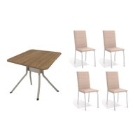 Conjunto: Mesa de Cozinha Loire c/ Tampo de Madeira 90cm + 4 Cadeiras Amsterdã Niquel/Corano Bege - Kappesberg