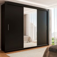 Guarda-Roupa Casal Carol 3 Portas de Correr com Espelho 4 Gavetas Preto - Pm