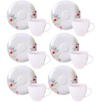 Jogo 6 Xícaras de Café com Pires 100ml Tramontina Floratta Porcelana Cozinha Mesa Posta