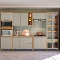 Cozinha Completa Allure 14 Portas 4 Gavetas 100% Mdf com Vidro 810016097 Jequitibá/Gris - Linea Brasil