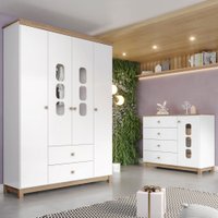 Quarto de Bebê Completo Aconchego Com 5 Portas 6 Gavetas com Vidro Branco/Jequitibá - Henn Quarto de Bebê Completo Aconchego Com 5 Portas 6 Gavetas com Vidro Branco/Jequitibá - Henn