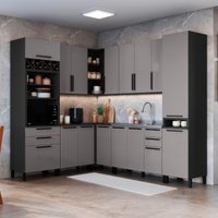 Cozinha Modulada Completa Fidelitá Mônaco 8 Peças 469cm 16 Portas 4 Gavetas Sem Tampo Chumbo/Titânio
