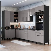 Cozinha Modulada Completa Fidelitá Mônaco 10 Peças 529cm 17 Portas 4 Gavetas Sem Tampo Chumbo/Titânio