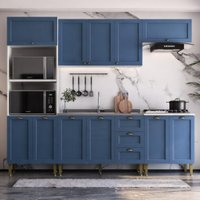 Armário Cozinha Americana Modulada Completa 260cm 5 Peças com Balcão Multimóveis CR20495 Branco/Azul