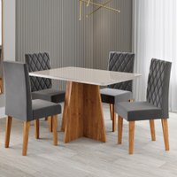 Mesa de Jantar 4 Lugares Antonella com Vidro Mel/Off White/Veludo Cinza - Viero Móveis