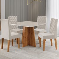 Mesa de Jantar 4 Lugares Evah com Vidro Mel/Off White/Veludo Pastel - Viero Móveis