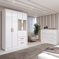Guarda-Roupa Solteiro Europa 4 Portas 2 Gavetas e Cômoda 6 Gavetas com Espelho Branco - Panorama Móveis